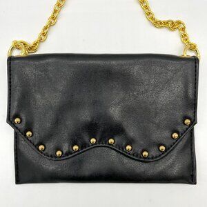 Mudpie brand bag, small black faux leather with gold studs and gold chain strap